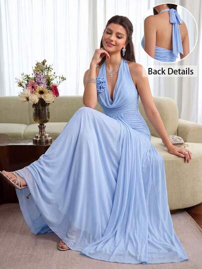 Modelyn 蓝色无袖垂褶领3D立体花卉针织网纱修身连衣裙，浪漫婚礼及假日之选