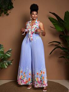 Maweii Plus Size Women's New Elegant Tie-Waist Sleeveless Pleated Wide Leg Jumpsuit, Floral Print Fabric, Versatile For Resort, Beach, Spring/Summer Fall - Multicolor - View 1