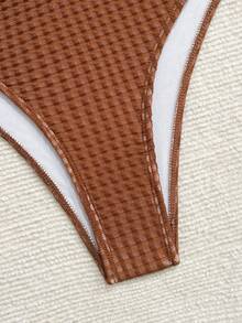Bonvoyette Spring/Summer New Ocean Metal Accessory Solid Textured Fabric Bubble Cloth Strapless Long Sleeve Sexy Skirt Ruffle Net Celebrity Afternoon Tea Party Beach Vacation 3-Piece Women Swimsuit Set - Mocha Brown - View 5