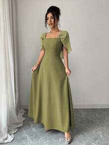 Modelyn Women's Square Neck Waist Gathered A-Line Long Dress, Elegant & Romantic For Everyday Wear - Green - View 6