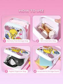 LOONEY TUNES X SHEIN 1/1 Set Of Cartoon Pattern Printed Storage Bags, Which Can Be Used As Feminine Hygiene Storage Bags, Digital Storage Bags, Small Object Storage Bags, Tweety, Bugs - color mixing - View 3
