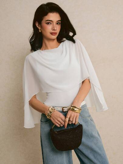 Poéselle Women's Elegant Commuter White Cape Backless Blouse, White Top ,Wedding Guest Top,Party Top,Elegant Women's Blouses,Work Tops For Women,Casual Blouses For Women ,Going Out Top,Office Outfits For Women,Perfect For Everyday Wear, Wedding Parties, And Traveling,Spring/Summer