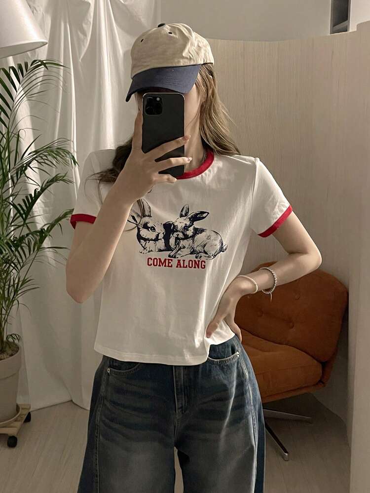 Women's Contrast Trim Round Neck Short Sleeve Cute Rabbit Print T-Shirt Crop Tops Women