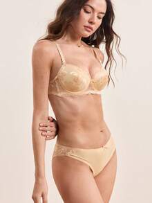 Hourtrue Women's Solid Color Lace Bra With Underwire And Triangle Panties 2pcs/Set Lingerie - Apricot - View 5