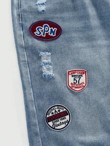 ROMWE MEN Patch Distressed Casual Loose Fit Men's Denim Shorts - Blue - View 5