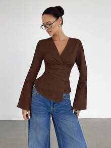 Siren Gaze Women's Solid Color Long Sleeve Pleated Asymmetric Hem Fashion Blouse - Coffee Brown - View 7