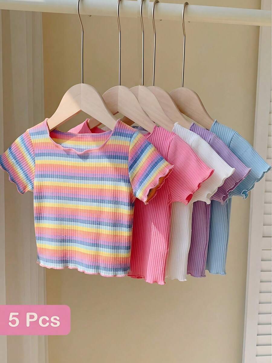 SHEIN Set de 5 piezas de blusas con volantes para niñas bebés, para primavera/verano - Multicolor - Ver 1