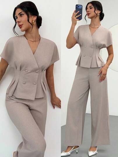 Firerie Women's Elegant Minimalist Fashion Commuter Urban Chic New Arrival Waist Cinched V-Neck Double-Breasted Blazer Jacket And High-Waisted Wide-Leg Pants Two Pieces Suit Set, Apricot And Khaki
