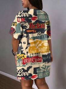 Slaydiva 大码女式字母和图案印花圆领短袖休闲连衣裙 - 彩色 - 查看 2