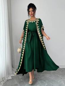 SHEIN Elenzya 女士无袖开襟金色蕾丝拼接袖口长款开衫和修身连衣裙两件套，优雅派对装扮 - 墨綠色 - 查看 5