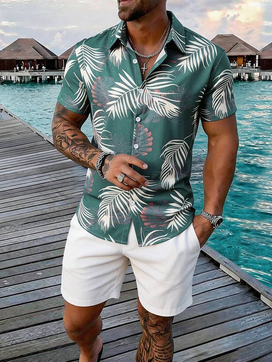 Manfinity RSRT 男士热带植物印花短袖衬衫和短裤两件套，度假装 - 彩色 - 查看 1