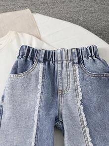 SHEIN Explorewe 男童个性化街头百搭下摆拼接设计做旧牛仔裤 - 淺色水洗藍 - 查看 7