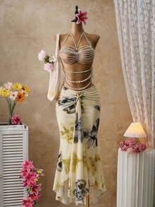 Femesol Floral Print Mermaid Hem Skirt, Vacation Style - Multicolor - View 4