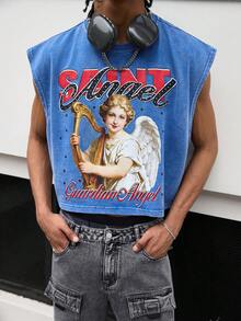 GALLERY FADE 男士休闲天使字母印花背心，夏季 - 藍色 - 查看 3