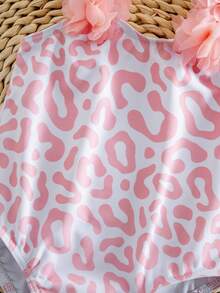 SHEIN 新生儿针织条纹豹纹3D立体花卉连体泳衣 - 粉色 - 查看 6