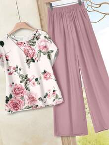EMERY ROSE Floral Rose Print Plus Size 2 Pieces Set, Suitable For Mother's Day, Spring/Summer - White - View 7