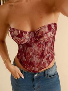 SHEIN BAE Burgundy Lace Sheer Bustier Top, Party Outfit, Date Night, Commute, Cute Bralette, Club Corset Strapless Summer Tops, - Burgundy - View 5