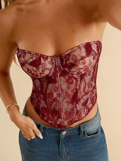 SHEIN BAE Burgundy Sexy Lace Sheer Bustier Top, Party Outfit, Date Night, Commute, Cute Bralette, Sexy Club Top, Corset Top, Strapless Top, Going Out Top, Summer Tops, Lace Top