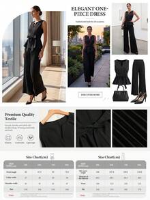 SHEIN CURVE+ Bộ đồ 2 món dành cho nữ cỡ lớn: áo không tay cổ chữ V có thắt lưng, phối cùng quần ống rộng xếp ly cạp chun màu trơn, thích hợp mặc đi làm và mặc hàng ngày, mùa xuân/hè. - màu đen - Xem 2