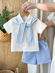 SHEIN Vintaside Kids Baby Boys Short Sleeve Striped Pocket Co-Ords With Sailor Collar In Multicolor Polyester - Multicolor - View 4
