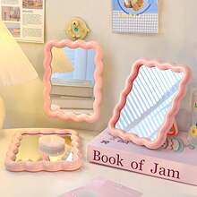 1PC Cute Makeup Mirror, Cream Wavy Design, Mountable On Desk Or Wall, Portable Travel Makeup Mirror, Suitable For Dorm, Vanity, Office, Makeup, Affordable, Room Decor, Vanity, Travel, Bedroom, Makeup Accessory, Mirror, Vanity Mirror, Mini Mirror, Compact Mirror, Small Mirror, Handheld Mirror, Tabletop Makeup Mirror, Holiday And Valentine's Day Gift - Multicolor - View 5