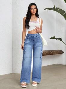 Flexra Women's Casual Washed Straight Leg Cargo Jeans - Blue - View 7