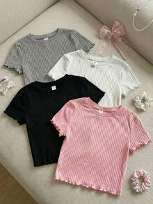 SHEIN 3pcs/Pack Teenage Girls' Round Neck Ribbed Frill Trim Short Sleeve T-Shirts - Multicolor - View 4
