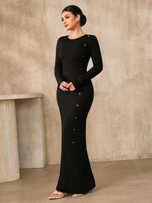 Graceveil Damen Einfarbiges Kleid mit rundem Ausschnitt, Langarm, Knopfdesign, elegantes Kleid, Knopfkleid, Langarmkleid, Bodycon-Kleid, Rippstrickkleid, Damen Maxikleid - Schwarz - Übersicht 1