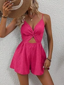 SHEIN Holidaya Áo liền quần hai dây gợi cảm màu trơn dành cho nữ, kiểu dáng khoét eo, màu trơn. - Màu Hồng Tươi - Xem 5