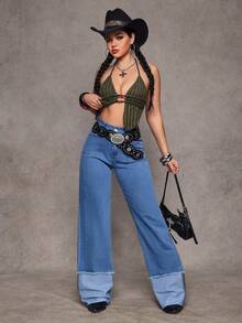 Slaydiva 女士休闲水洗直筒牛仔裤 - 淺色水洗藍 - 查看 6