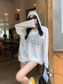 DAZY 女士抽绳连帽V领字母印花休闲百搭日常长袖T恤 - 白色 - 查看 3