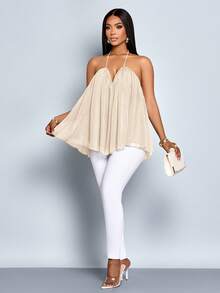 SOLERSUN Áo tank top hai dây xếp lớp, cổ chữ V sâu, chất liệu lấp lánh, chất liệu vải cao cấp dành cho nữ. - Màu be - Xem 6