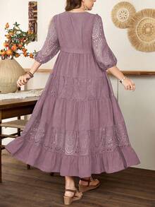 Lacomfia Plus Size Women's Square Neck Lantern Sleeve Tie-Waist Ruffle Hem Embroidery Patchwork Elegant Dress - Pink - View 2