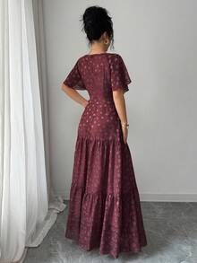 Modelyn Đầm chiffon jacquard cổ vuông, viền bèo nhún dành cho nữ, phong cách Pháp lãng mạn, thanh lịch. - Đỏ - Xem 2