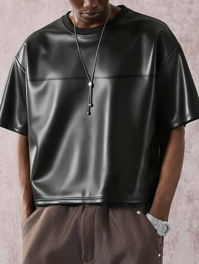 STYNVO 男士时尚PU宽松圆领短袖T恤，夏季