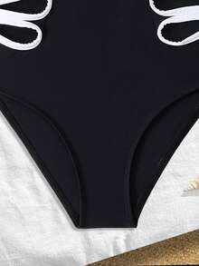 Teen Girl One-Piece Swimsuit, Casual, Vacation-Style, Side Cutout Design, Fashionable, Suitable For Swimming, Summer Vacation, Beach, Seaside, Swimming Pool, Summer Party - Black - View 5