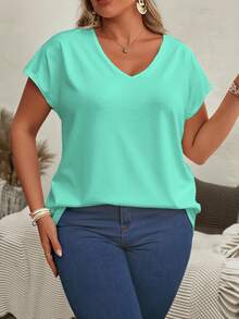 EMERY ROSE Women's Solid Color V-Neck Short Sleeve Casual Plus Size T-Shirt, Summer Style, Plus Size T-Shirt Clothes For Ladies V-Neck T-Shirt Short Sleeve Top - Multicolor - View 4