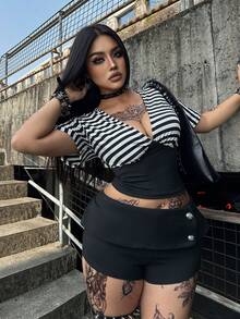 Whyspr Casual Punk Music Festival Coachella Casual Cropped Fold-Over Skinny Leggings - Black - View 3