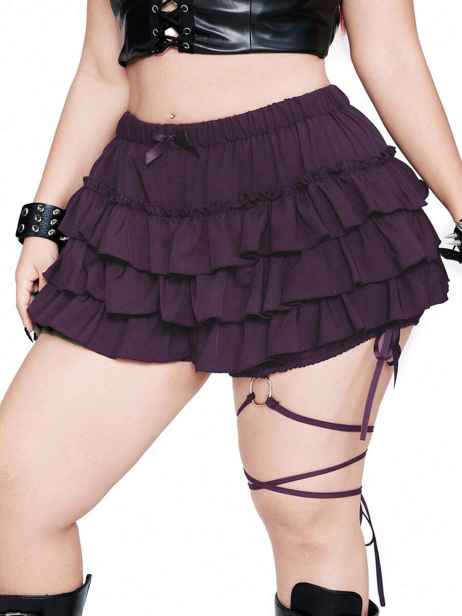 Whyspr Plus Size Solid Color Multi-Layer Cake Shorts - Purple - View 1