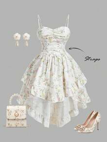 SHEIN MOD 大码女士复古碎花甜心领交叉系带荷叶边不对称下摆连衣裙，适合春夏、复古风、花园、下午茶、毕业派对、白色毕业礼服、休闲外出、约会等场合。 - 彩色 - 查看 3