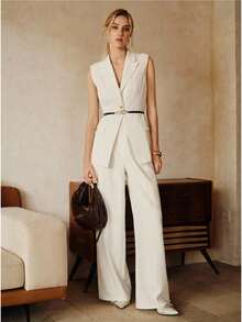 Anewsta Urban Retro Style Sleeveless Lapel Metal Button Decor Vest, White Women's Suit Jacket With Belt White Suits For Woman - White - View 4