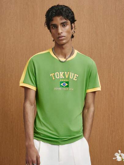 TOKVUE 男士休闲拼接赛车印花短袖T恤