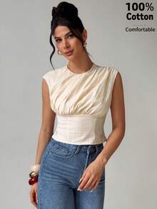 Firerie 女士简约优雅日常通勤修身衬衫，杏色无袖褶裥腰身衬衫，休闲度假、教师装、休闲服饰 - 杏色 - 查看 5