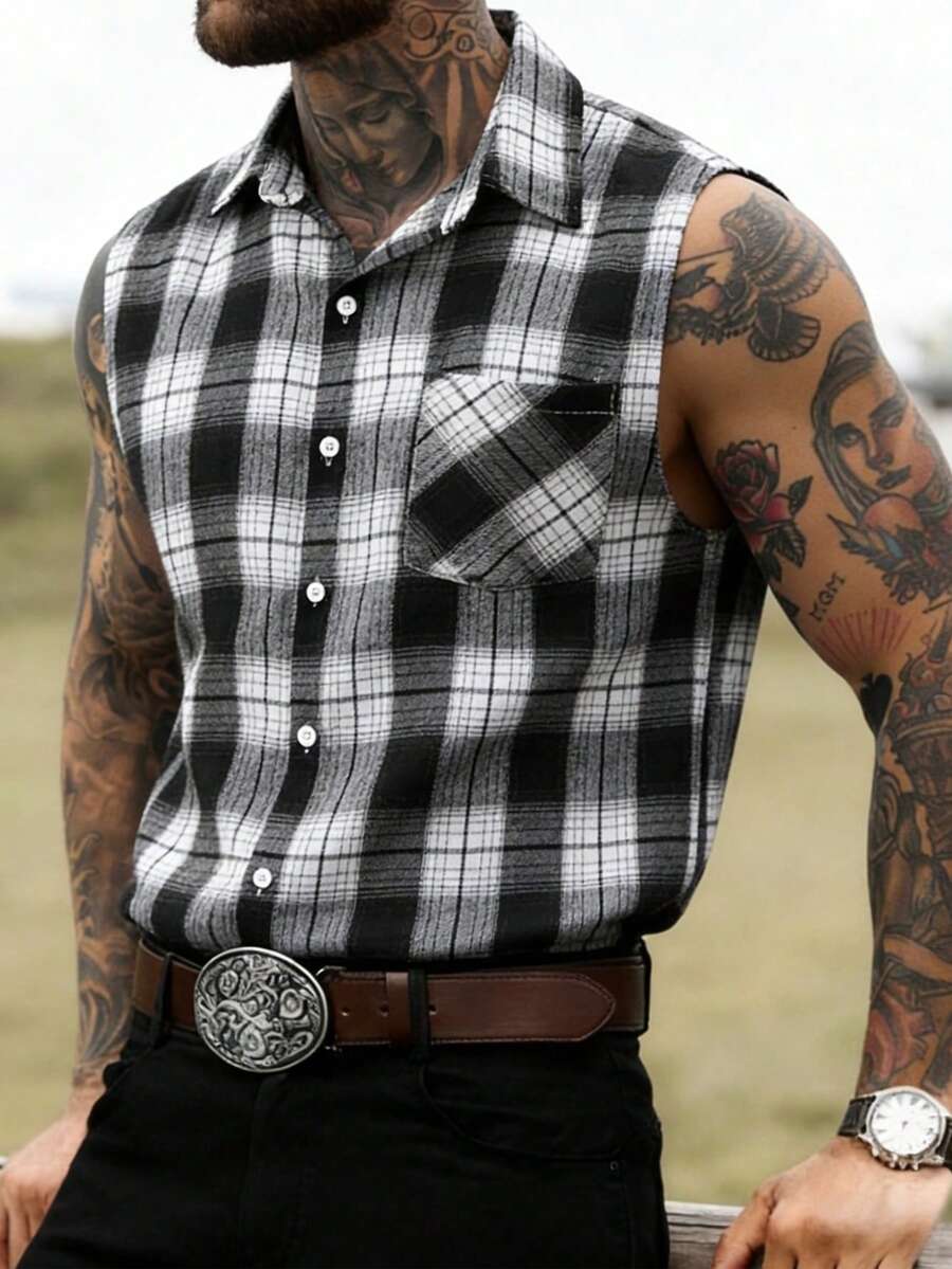 Manfinity CasualCool Men's Casual Plaid Front Button Sleeveless Shirt, Summer - Multicolor - View 1