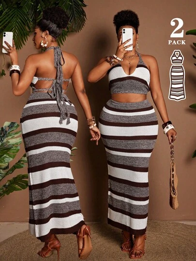 Maweii Conjunto de suéter de punto de talla grande con top corto sin mangas con tirantes de amarre y falda larga ajustada de cintura elástica, estilo casual minimalista, sexy, retro, elegante para playa y vacaciones en la