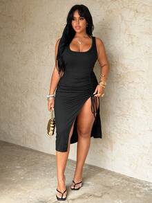 Rustia Plus Size Casual Vacation Round Neck Drawstring Split Hem Dress - Black - View 7