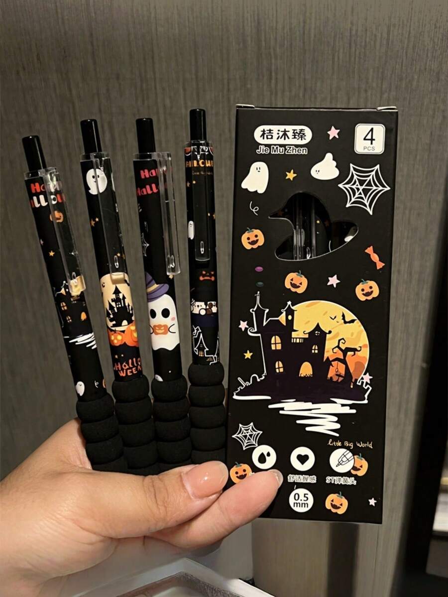 Bộ 4/8/12 bút bi gel chủ đề Halloween với đường kính ngòi 0.5mm, có hình ma, bí ngô và mũ phù thủy - Hoàn hảo làm quà tặng khen thưởng trong lớp học hoặc quà tặng văn phòng phẩm cho năm học mới. - Nhiều màu - Xem 1