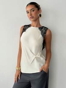 Siren Gaze 女士圆领撞色蕾丝边无袖不对称下摆背心，适合日常穿着、派对、音乐节等场合。 - 杏色 - 查看 1