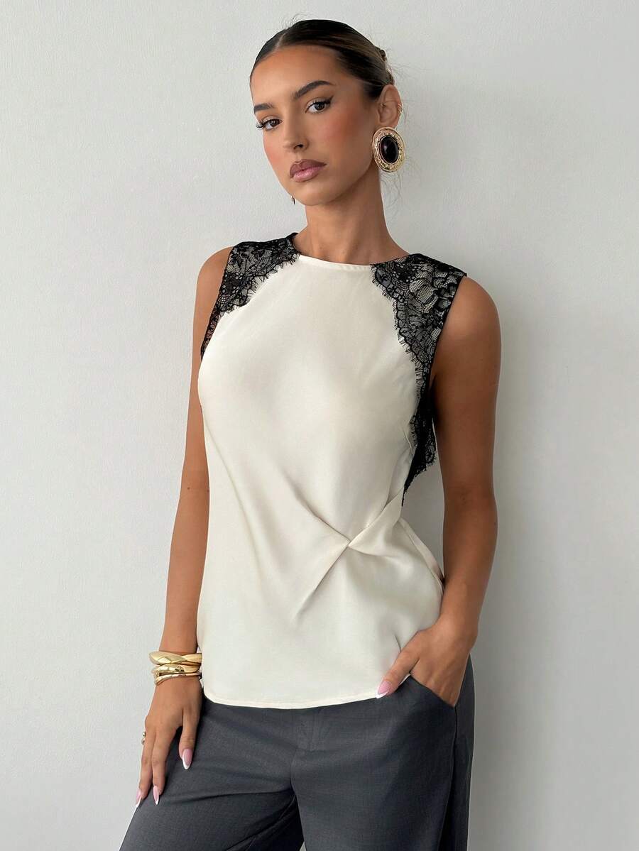 Siren Gaze 女士圆领撞色蕾丝边无袖不对称下摆背心，适合日常穿着、派对、音乐节等场合。 - 杏色 - 查看 1