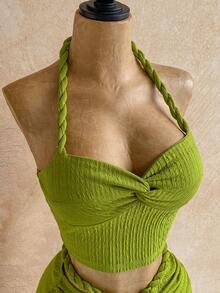 Soleia Women's Vacation Beach Solid Color Twist Back Halter Top And Mini Skirt 2 Pieces Set - Green - View 5